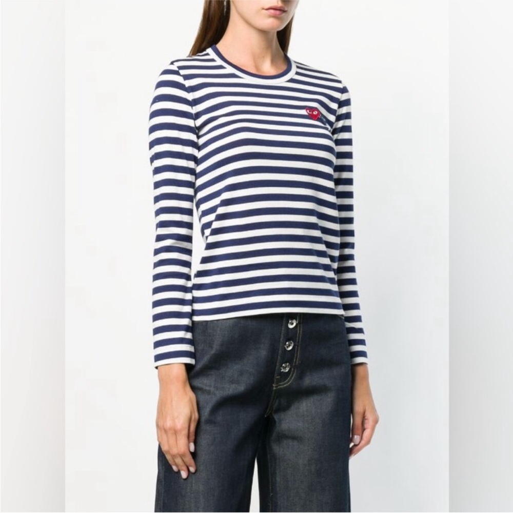 Comme des Garcons PLAY White & Navy Double Heart Long Sleeve T-Shirt small